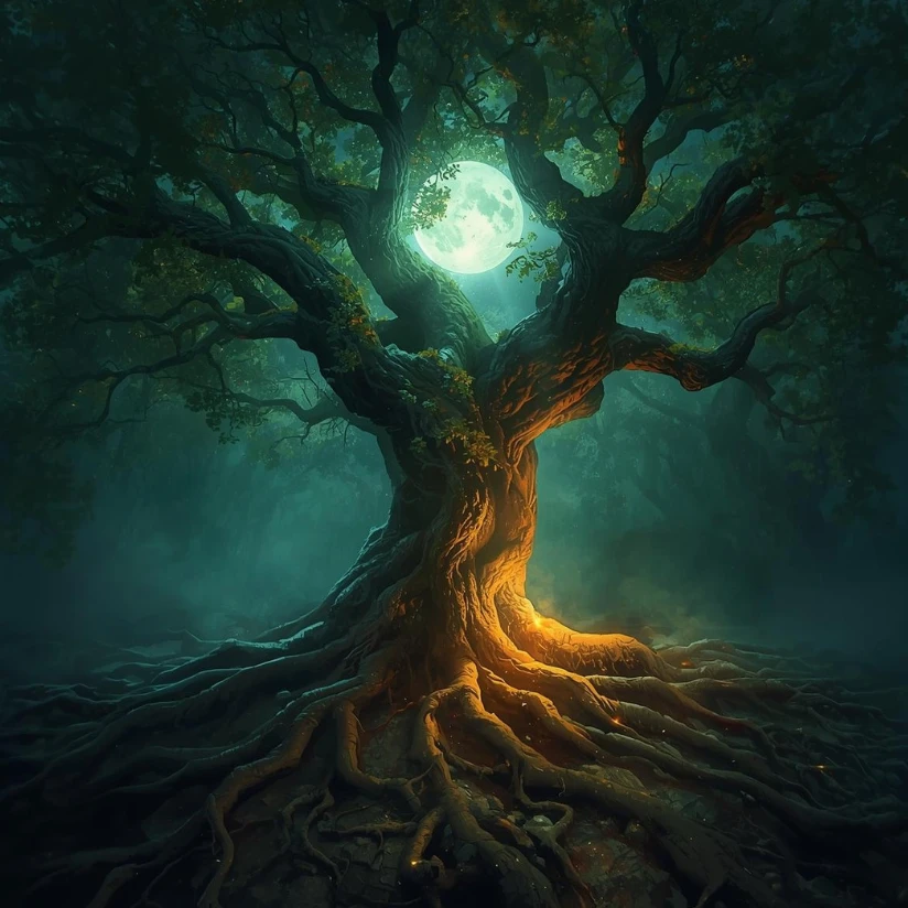 Tree with roots and moon